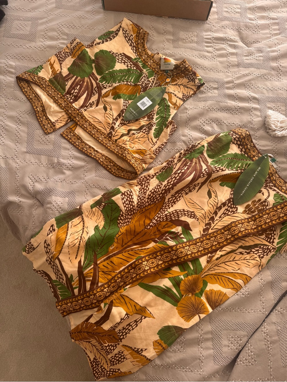 FARM Rio Tan Tropical Leaf Print Skirt Set with Green and Brown Accents
